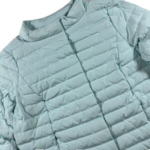 Talbots Down Puffer Jacket Aqua Ice lue Womens Medium Hidden Snaps Blade Collar
